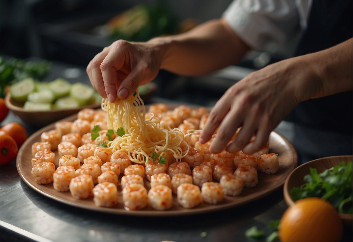 A chef grates Chinese cheese and seasons shrimp for a recipe
