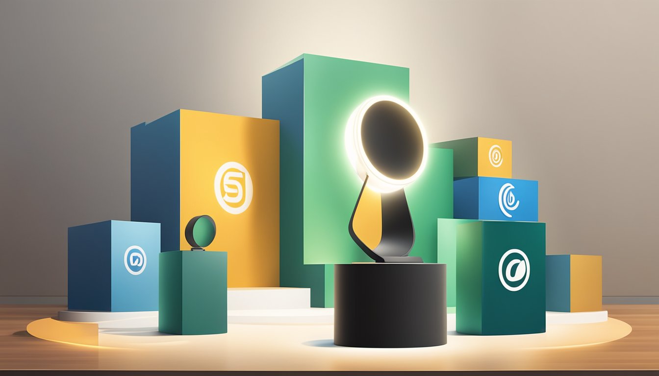 Several prominent brand logos displayed on a podium, with a spotlight shining on them