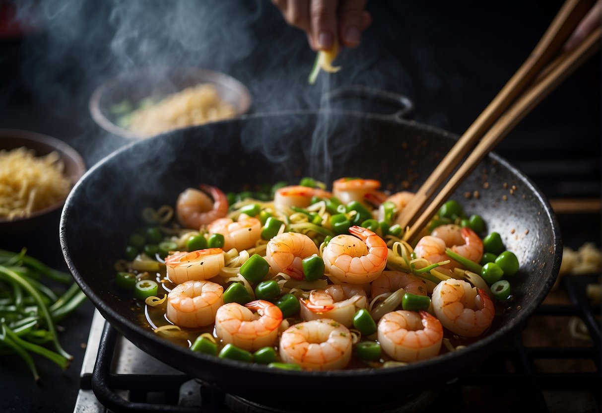 Chinese cheese shrimp being stir-fried in a wok with sizzling oil, surrounded by aromatic garlic, ginger, and green onions