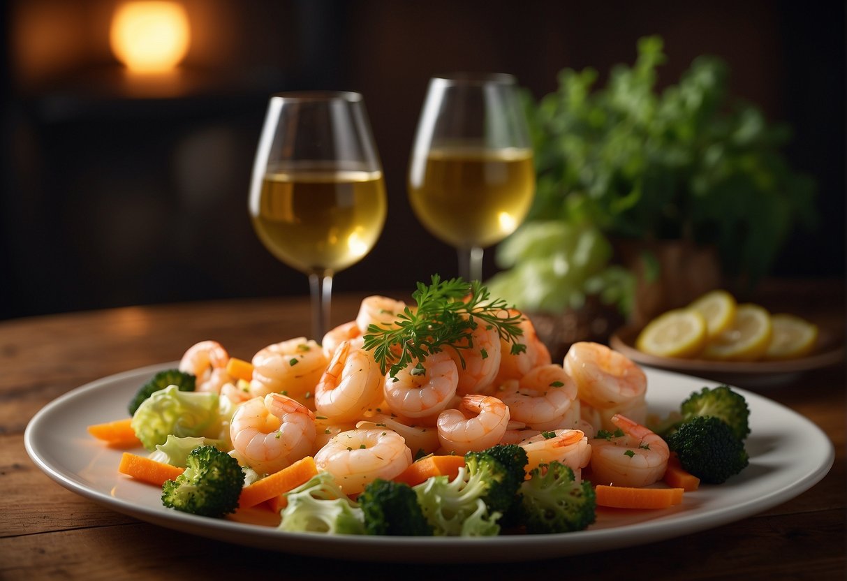 A platter of Chinese cheese shrimp with a side of steamed vegetables, accompanied by a bottle of white wine on a wooden table