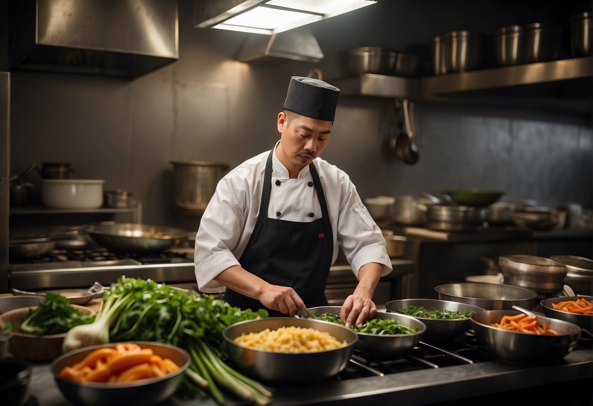 A Chinese chef prepares traditional recipes in a bustling kitchen, surrounded by woks, cleavers, and a variety of fresh ingredients