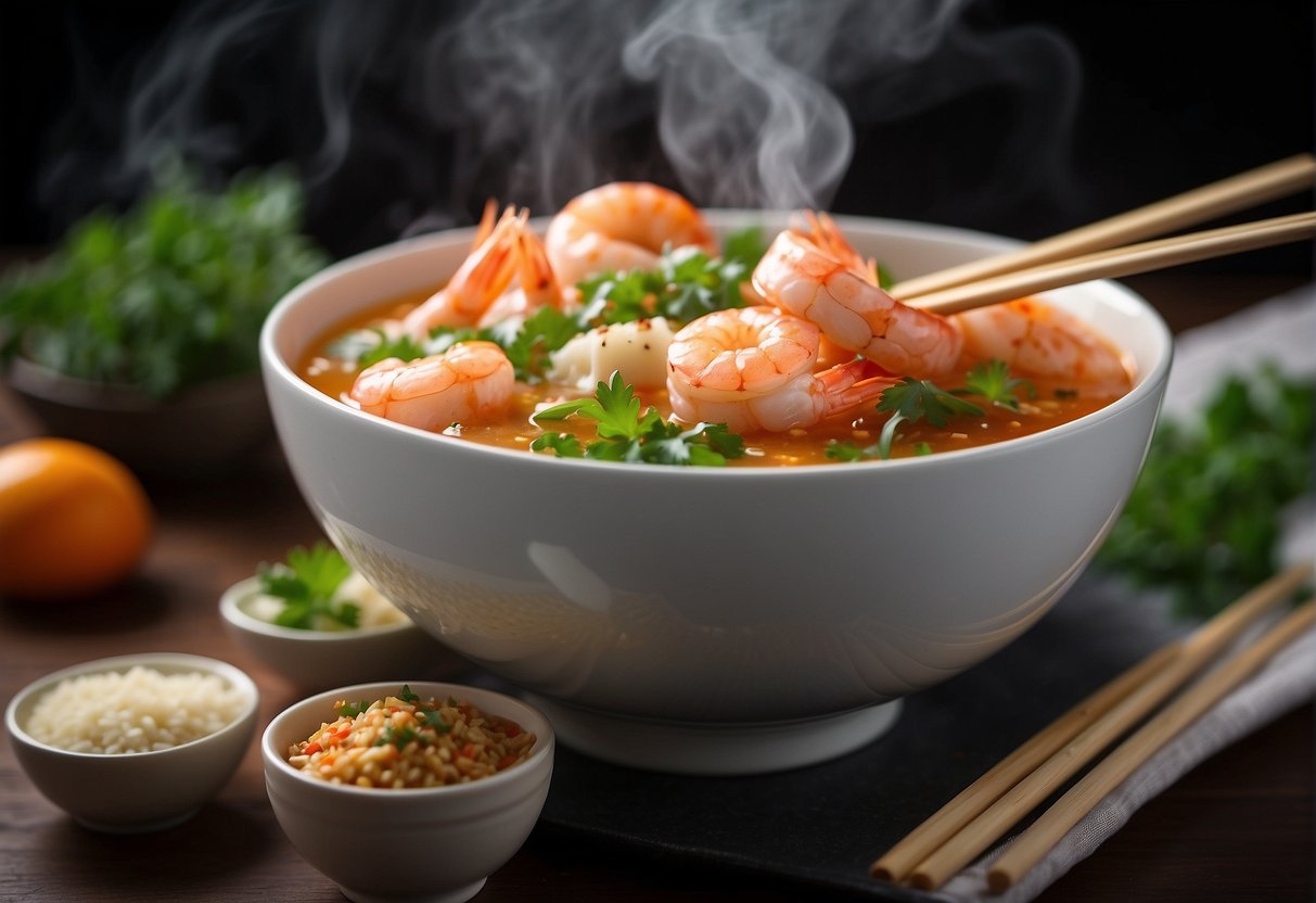 Chinese cheese shrimp dish in a white ceramic bowl. Microwave next to it. Chopsticks on the side. Steam rising from the hot food