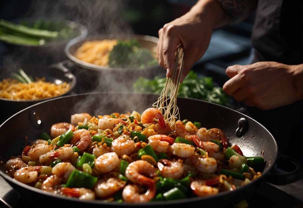 A wok sizzles as shrimp and cheese are stir-fried with Chinese spices. A chef's hand adds a final garnish of green onions