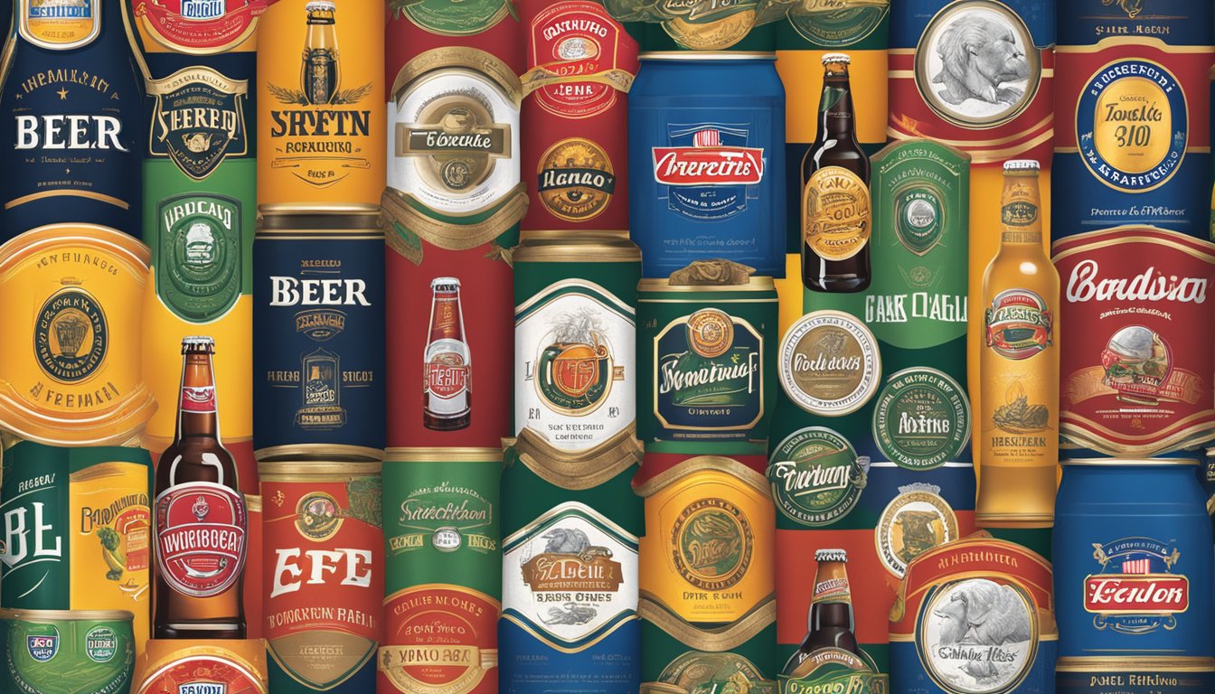 A display of popular beer brands in the USA, with logos and labels prominently featured