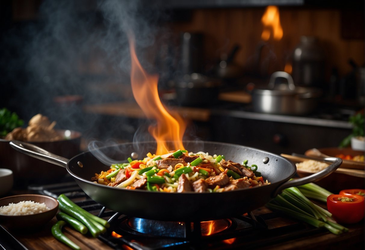 A wok sizzles over a roaring flame, surrounded by vibrant ingredients like ginger, garlic, and green onions. A chef's knife slices through a juicy piece of meat, while a pot of fragrant rice steams on the stove