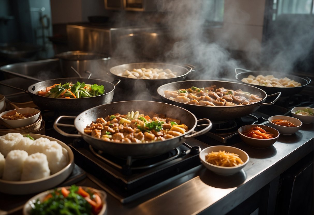 A bustling kitchen with a wok sizzling with stir-fry, steaming bamboo baskets filled with dim sum, and colorful plates of sweet and sour pork