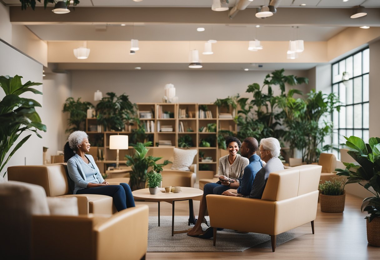A cozy, well-lit common area with comfortable seating, plants, and bookshelves. A nurse is chatting with a resident, while others engage in activities or relax