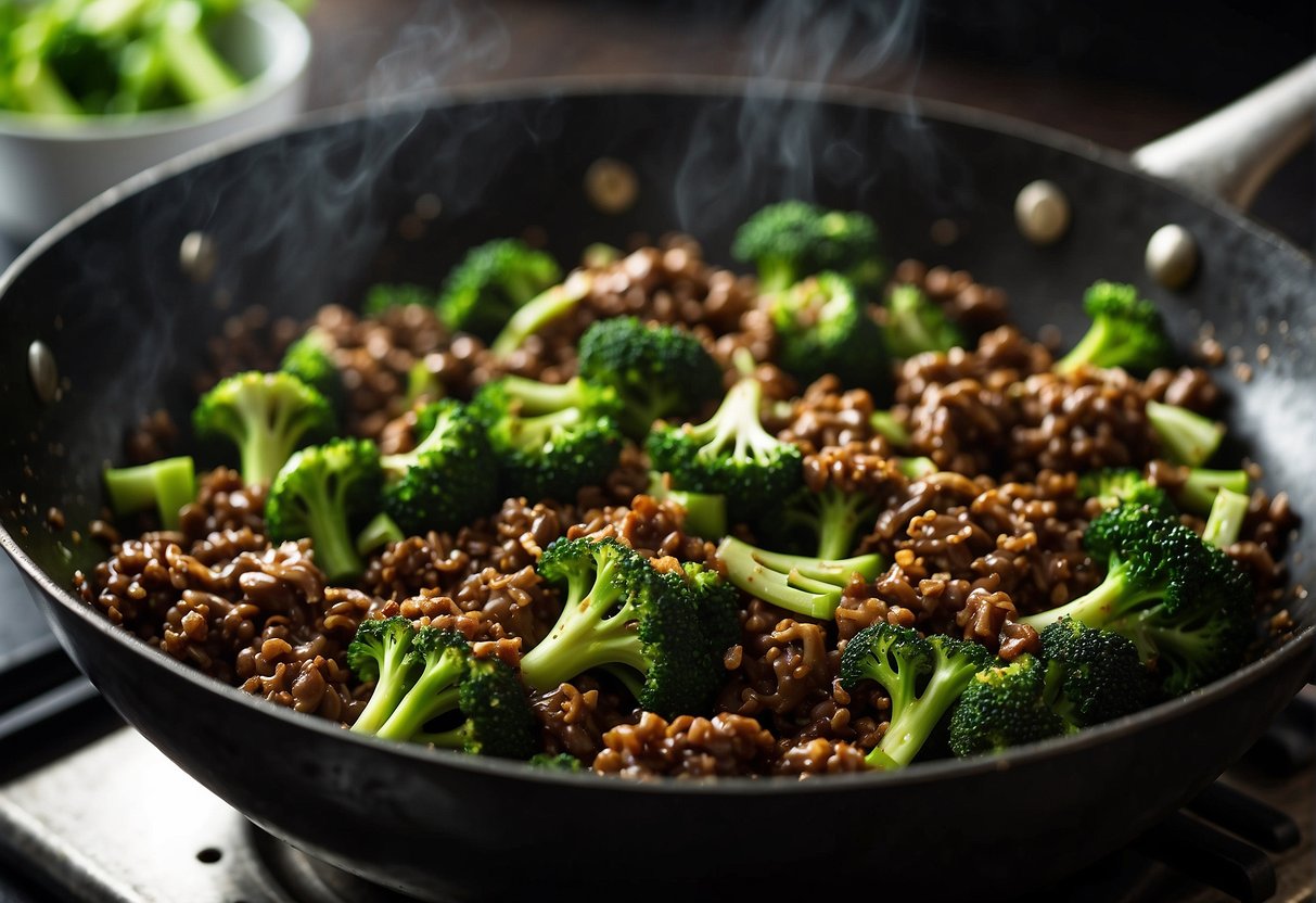 Sizzling ground beef and vibrant green broccoli stir-frying in a sizzling wok with a savory Chinese sauce
