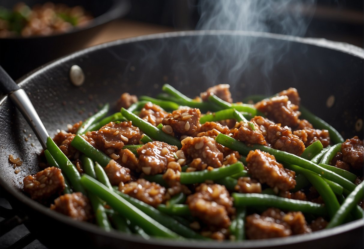 Ground pork sizzling in a wok with chopped Chinese long beans, garlic, and soy sauce