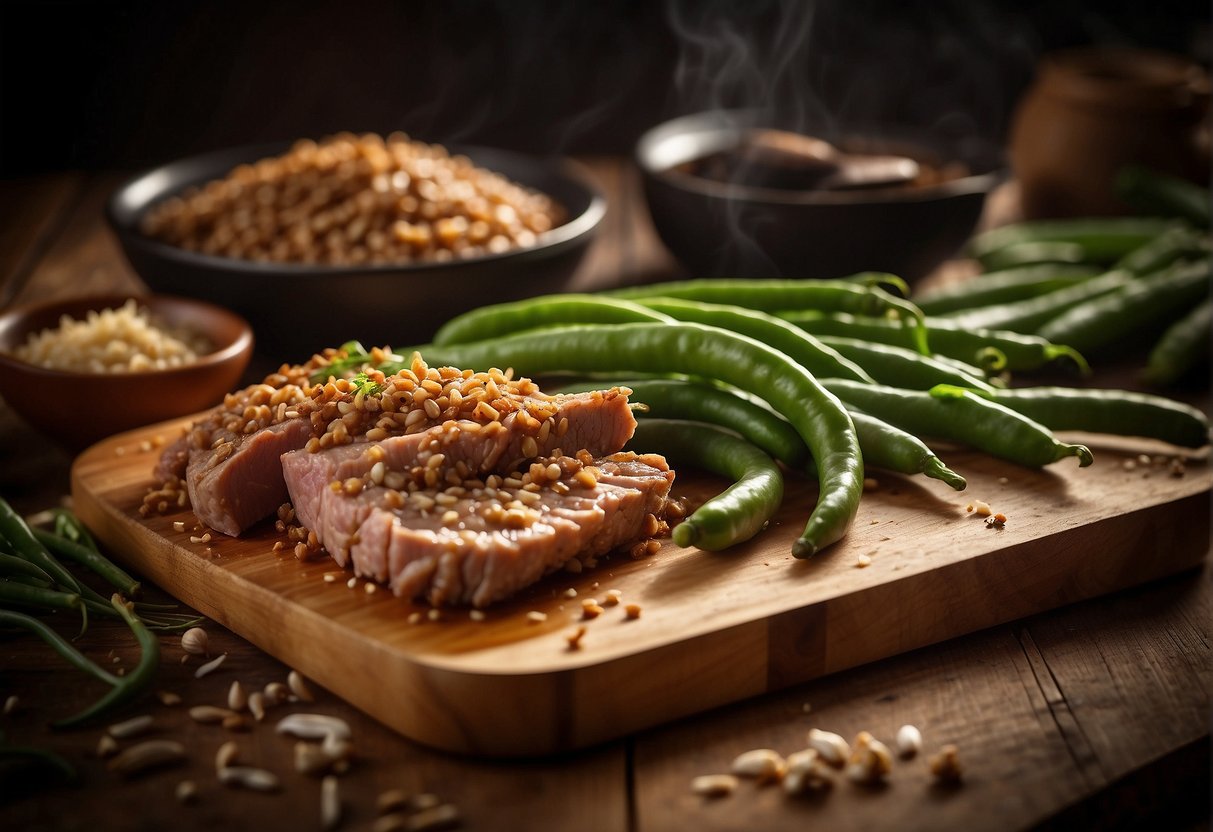 Ground pork and Chinese long beans sit on a wooden cutting board, surrounded by garlic, ginger, and soy sauce. A wok sizzles on a stovetop in the background
