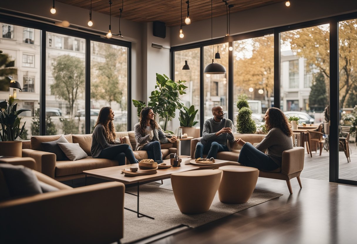 A cozy common area with comfortable seating, large windows, and cheerful decor. A group of residents socializing and enjoying activities together