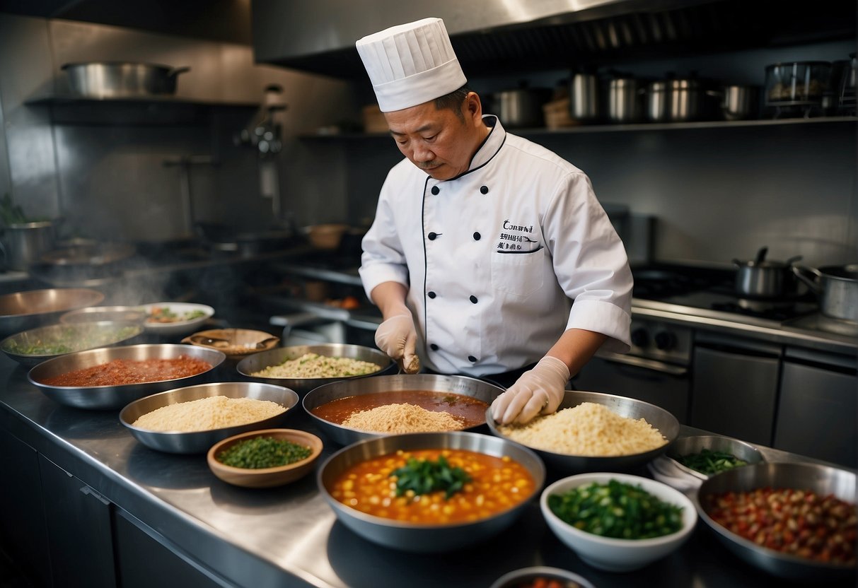 A Chinese chef prepares authentic sauces and seasonings in a bustling kitchen, surrounded by traditional ingredients and cooking utensils