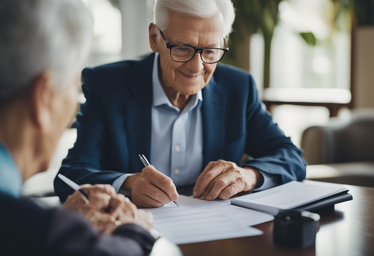 An elderly person signing a contract with a financial advisor for assisted living facility costs and financing