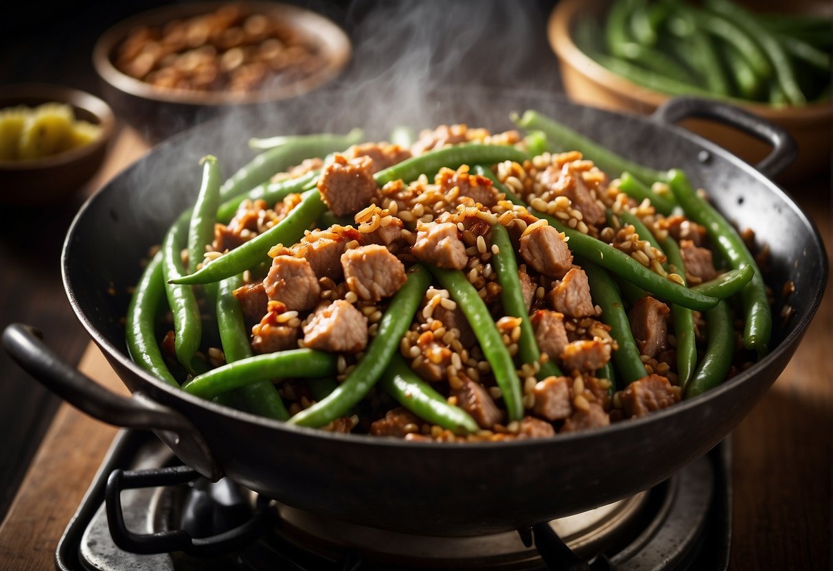 Ground pork and Chinese long beans sizzling in a hot wok, with garlic, ginger, and soy sauce being added for flavor