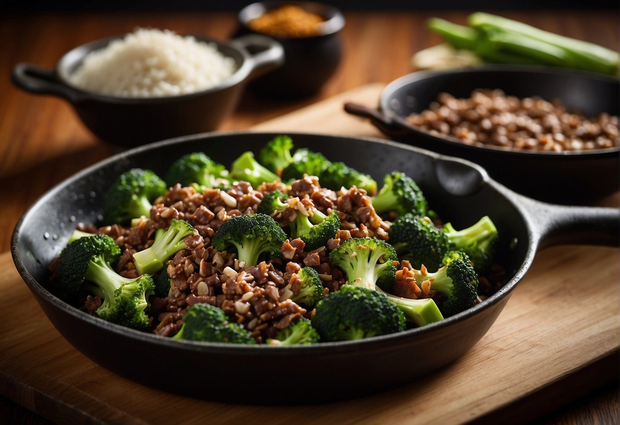 Ground beef and broccoli sit on a wooden cutting board, surrounded by garlic, ginger, and soy sauce. A wok sizzles on the stove, ready to cook the ingredients