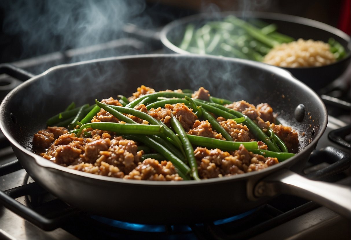 Ground pork sizzling in a hot pan with Chinese long beans, garlic, and soy sauce. Steam rising, filling the kitchen with savory aromas