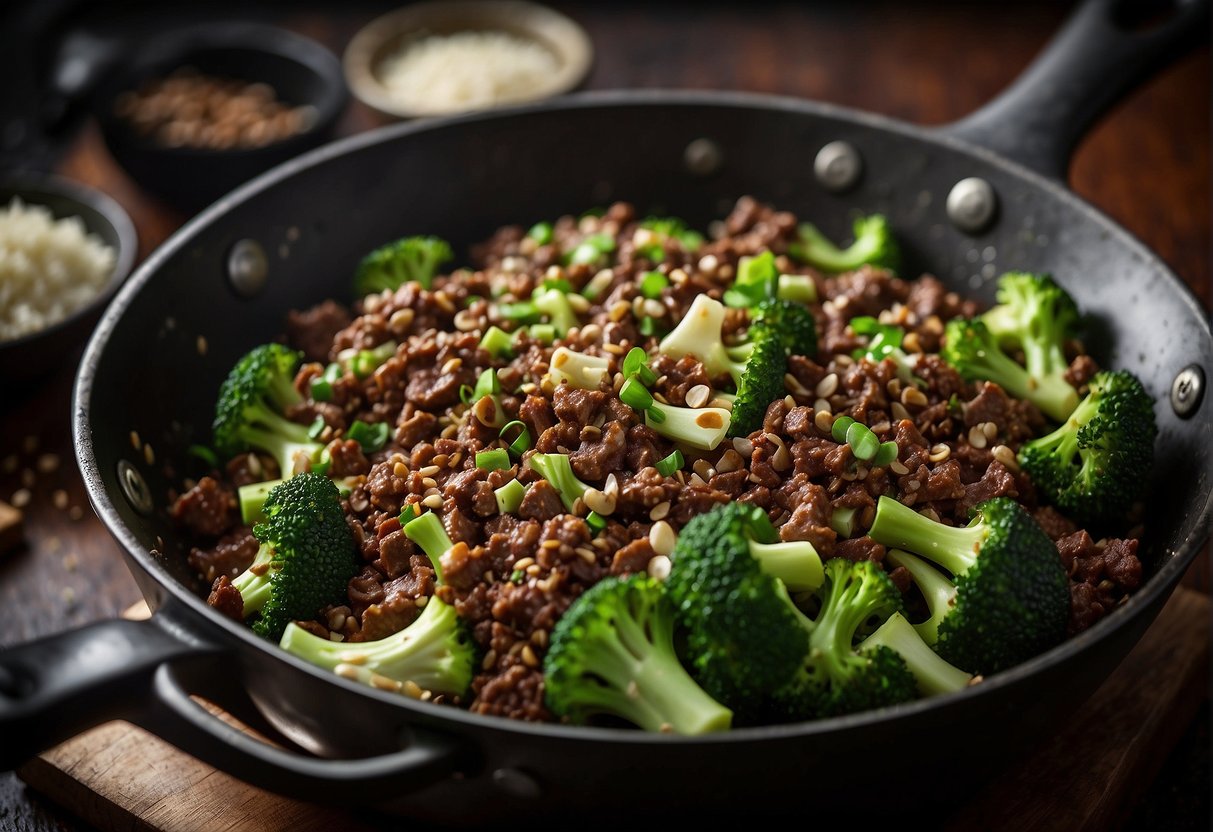 Ground beef sizzling in a hot wok, surrounded by chopped broccoli and garlic. A splash of soy sauce and a sprinkle of ginger add flavor to the dish