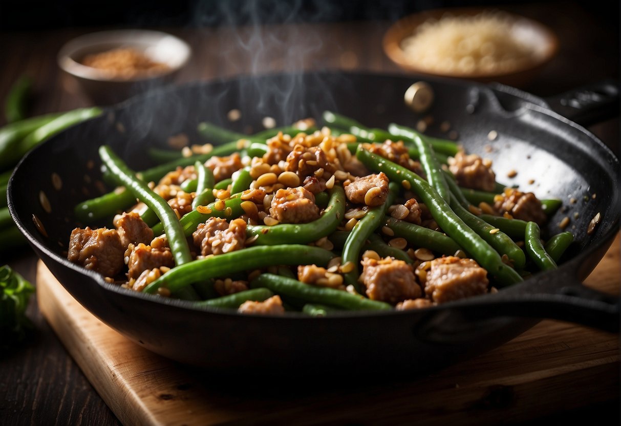 Ground pork and Chinese long beans sizzling in a wok, surrounded by aromatic garlic, ginger, and soy sauce