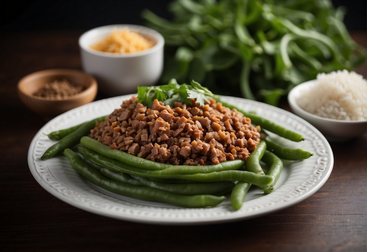A plate of ground pork and Chinese long beans, with a nutrition label beside it