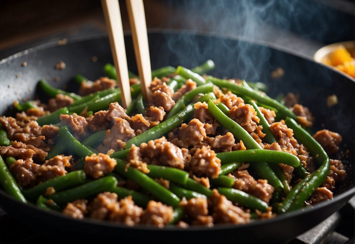 A chef stir-fries ground pork and Chinese long beans in a sizzling wok, creating a flavorful and aromatic dish