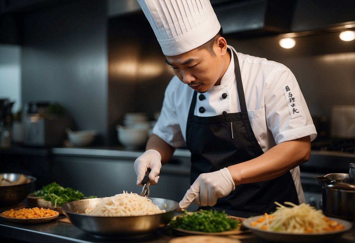 A Chinese chef expertly prepares traditional dishes with precise knife skills and artful presentation
