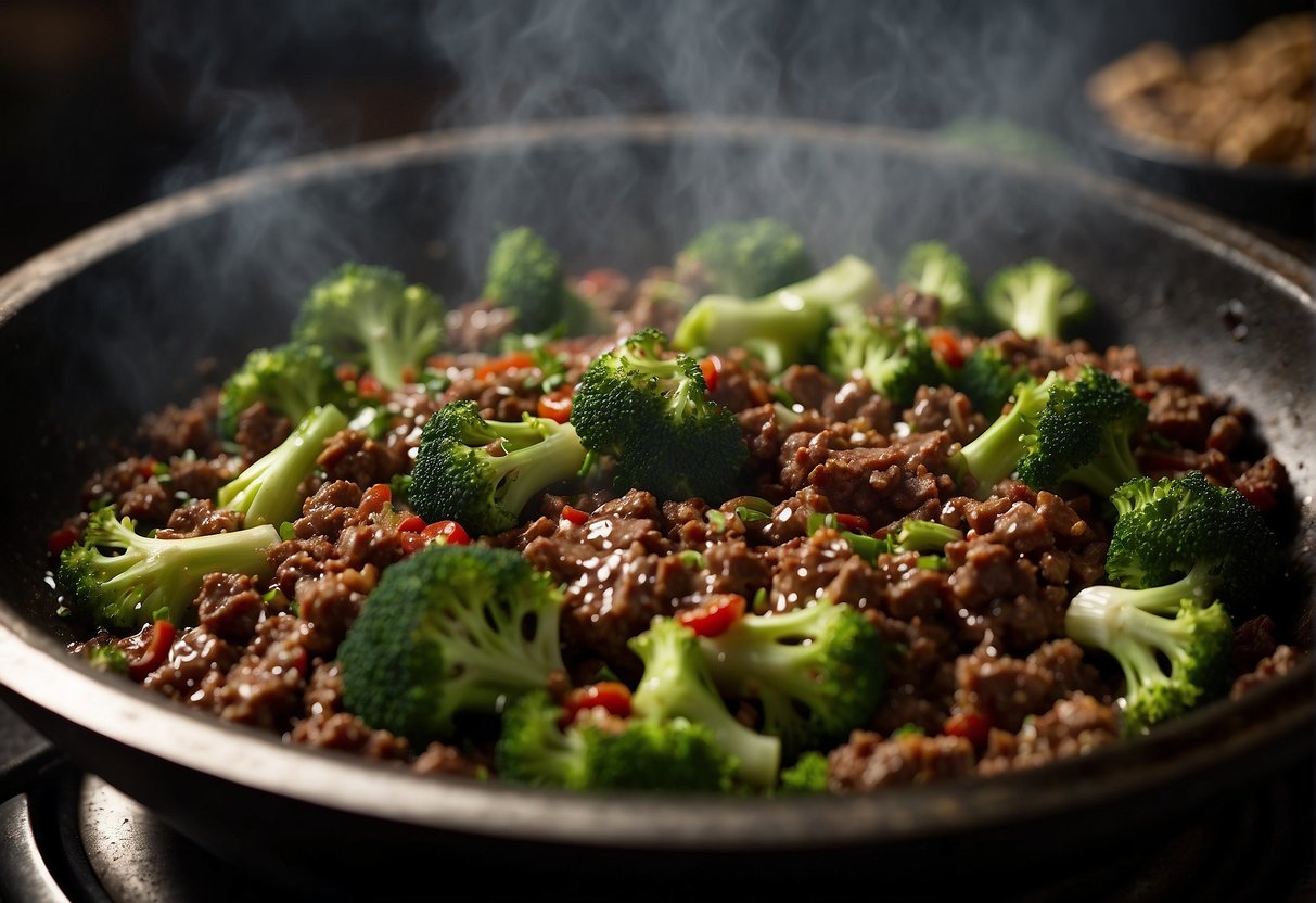 Ground beef sizzling in a hot wok, mixed with broccoli florets and savory Chinese sauce. Aromatic steam rising from the sizzling ingredients