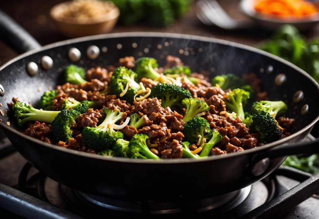 Sizzling ground beef and vibrant green broccoli stir-frying in a wok with aromatic Chinese seasonings