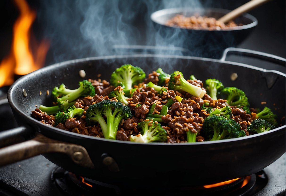 A sizzling wok filled with stir-fried ground beef and vibrant green broccoli, emitting mouthwatering aromas of savory Chinese spices