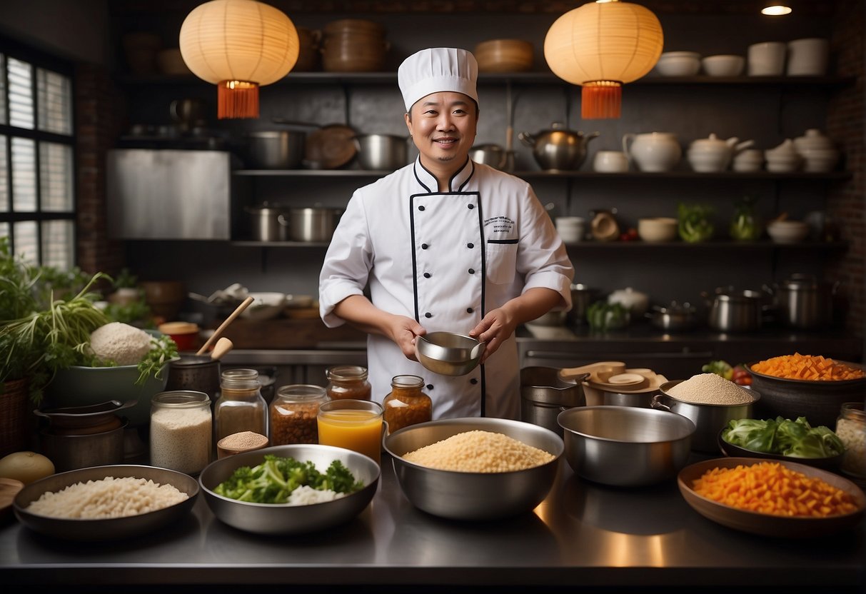 A Chinese chef surrounded by ingredients, pots, and pans, preparing traditional recipes while a sign reads "Frequently Asked Questions" in the background