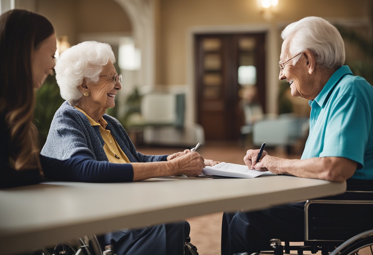 A senior citizen in a wheelchair fills out paperwork while a caregiver assists in a bright, welcoming assisted living facility