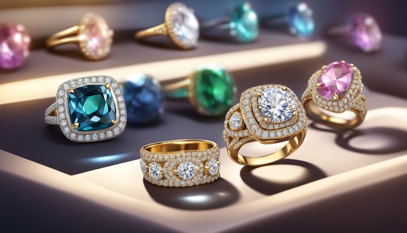 Shimmering diamond rings displayed on velvet cushions in a luxurious jewelry showcase