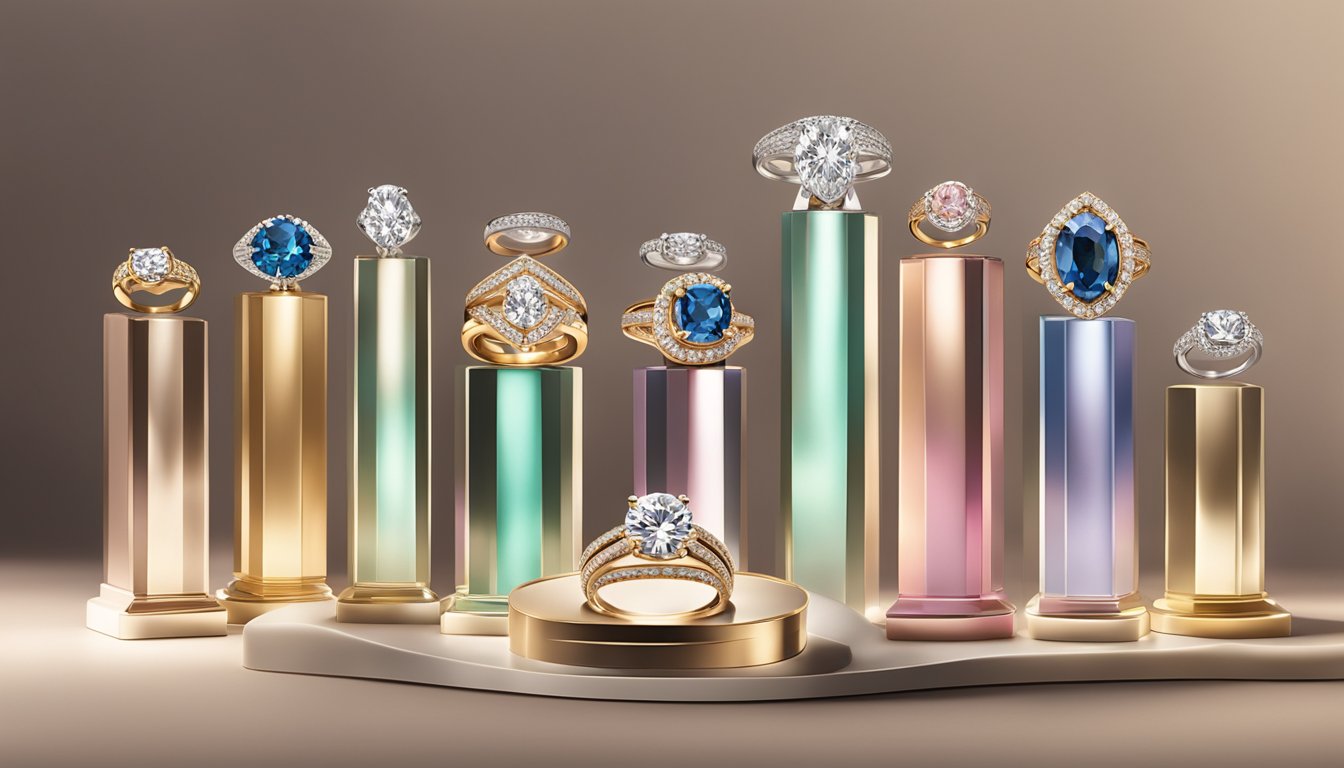 Shimmering display of top diamond ring brands showcased on velvet-lined pedestals under soft, warm lighting