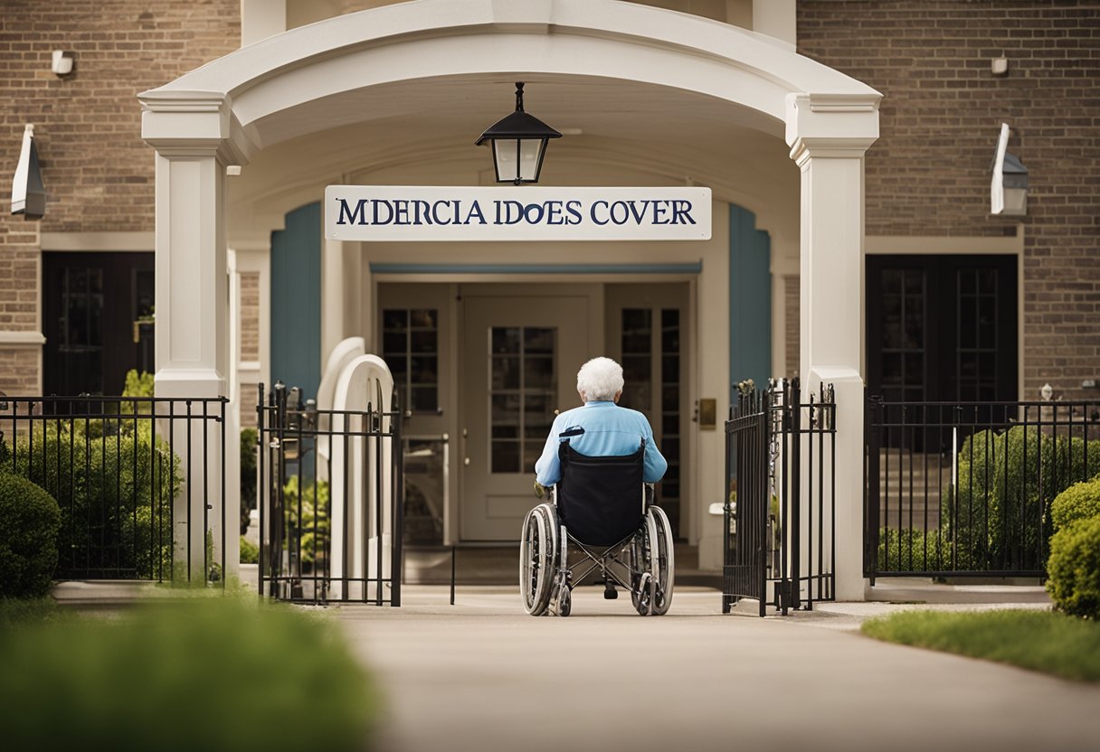 Medicaid does not cover assisted living. Scene: A person in a wheelchair outside a gated assisted living facility, with a "Medicaid does not cover" sign