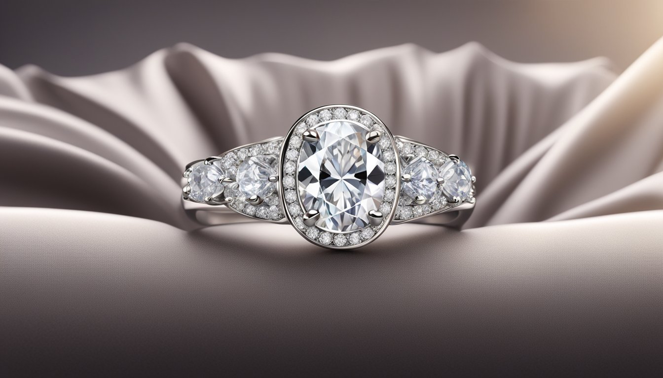 A sparkling diamond ring displayed on a luxurious velvet cushion, with elegant branding and essential details highlighted