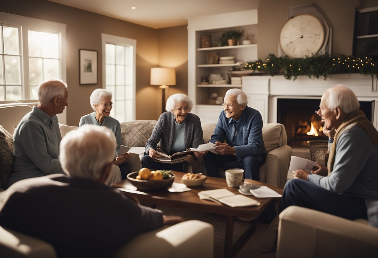 A group of elderly veterans gather in a cozy living room, discussing options for paying for assisted living. A stack of paperwork and brochures sits on the coffee table, while a warm glow from the fireplace fills the room