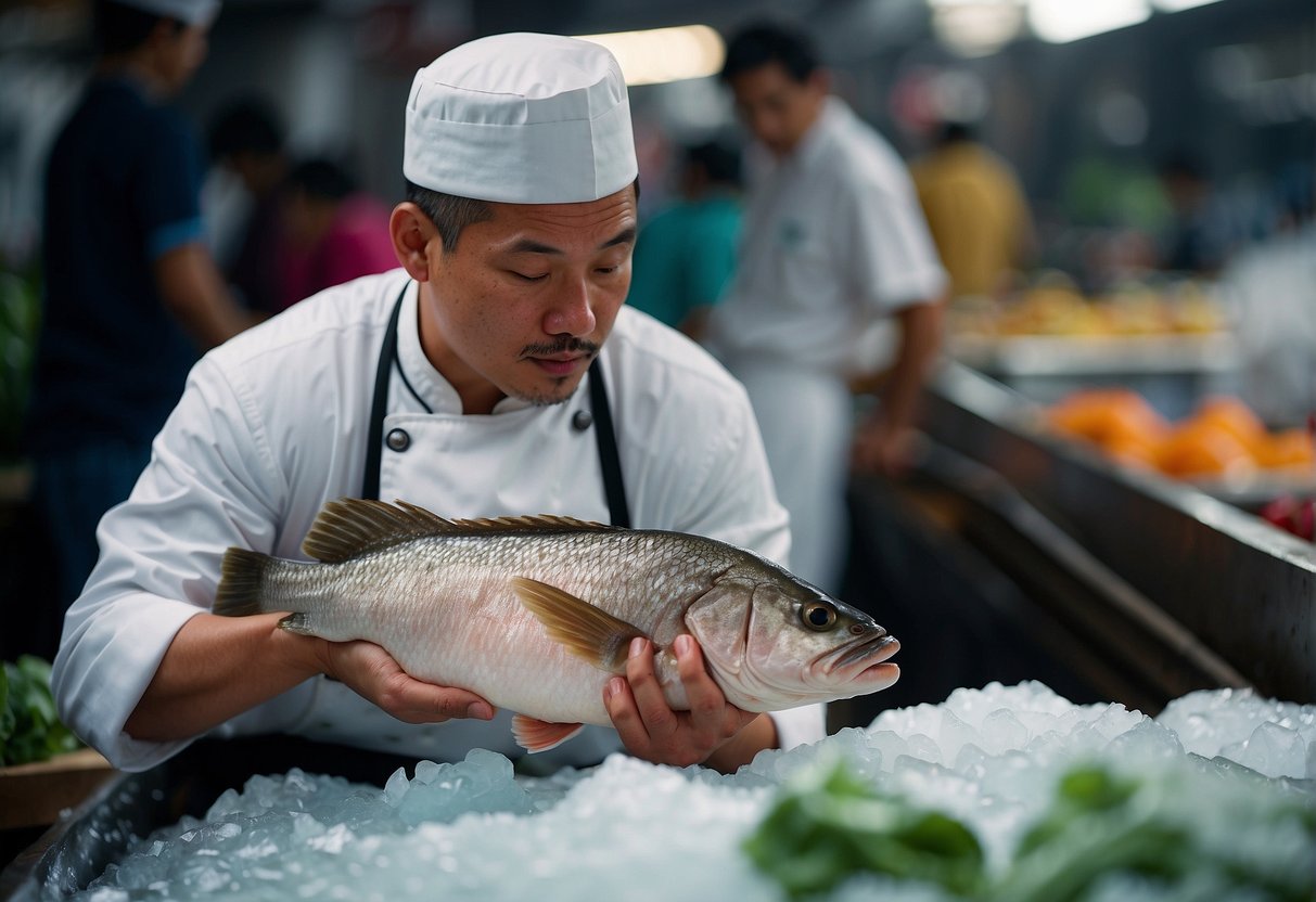 A chef carefully selects a fresh grouper from a bed of ice at a bustling Chinese market