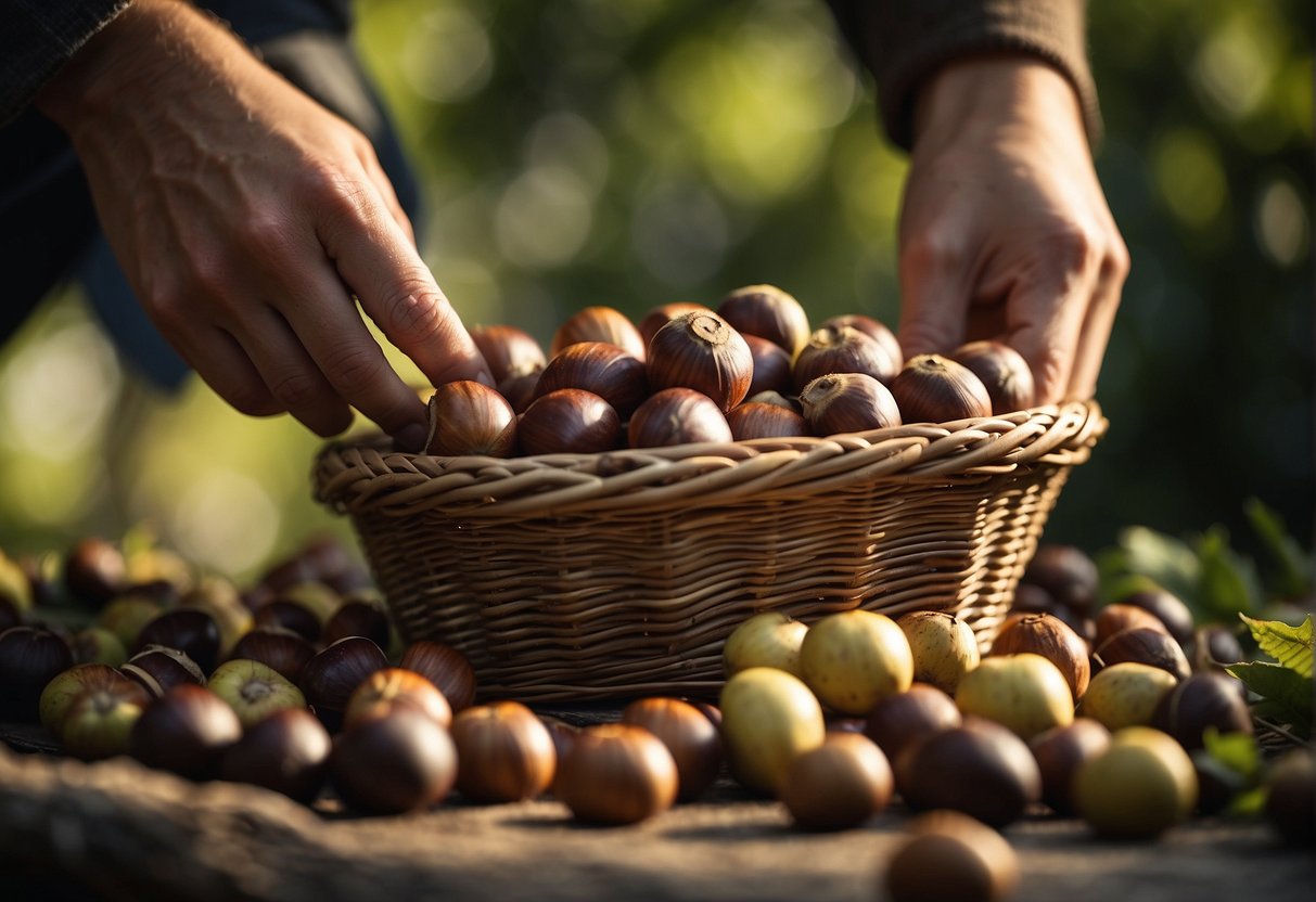 A hand reaches for ripe chestnuts, placing them in a basket. A knife cuts a cross on each nut before roasting