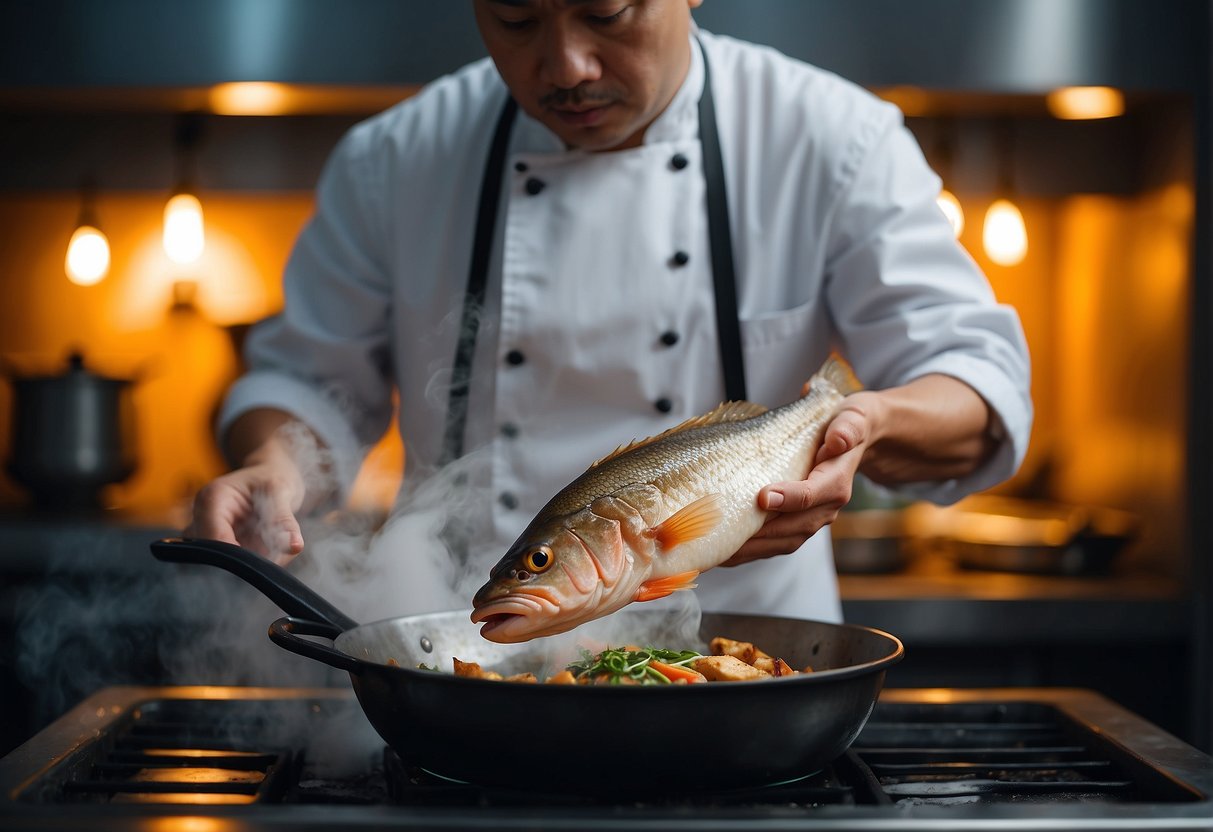 A chef seasons a grouper fillet with Chinese spices and places it on a sizzling hot pan. Steam rises as the fish cooks to perfection