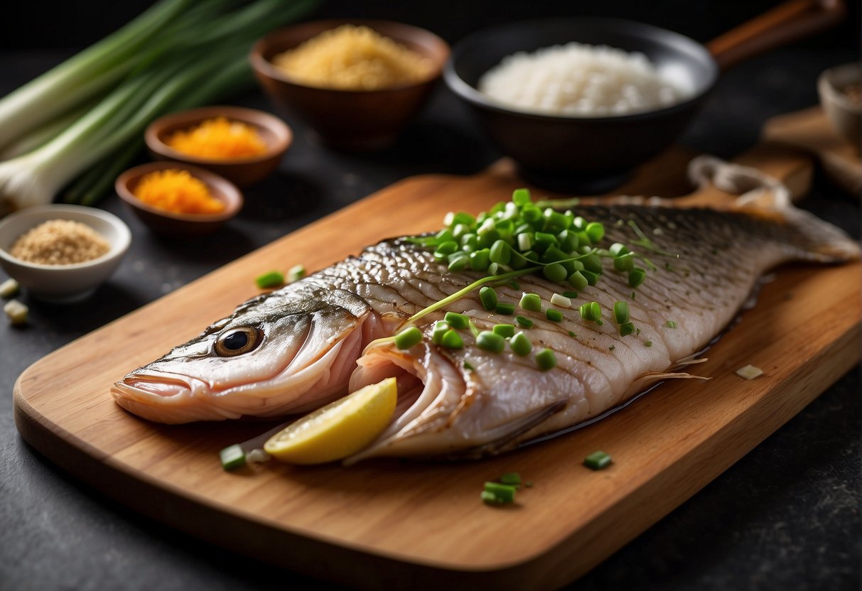 A cutting board with fresh grouper, ginger, garlic, and green onions. A bowl of soy sauce, cooking wine, and sugar. A wok and cooking utensils