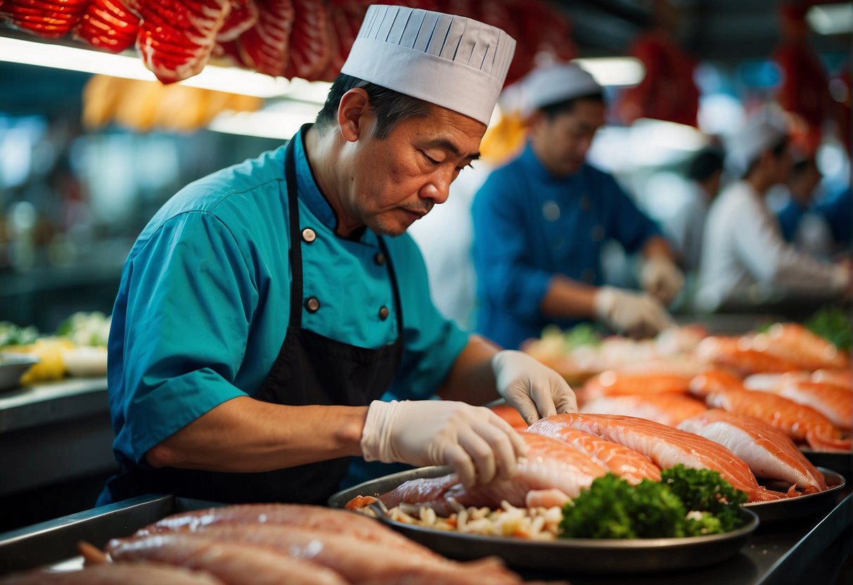 A chef carefully selects a fresh grouper fillet from a display of seafood at a bustling Chinese market. The vibrant colors and bustling activity create a lively atmosphere