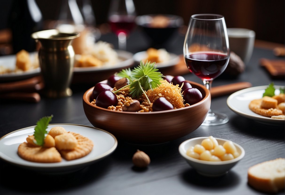 A table set with a variety of Chinese chestnut dishes and wine pairings