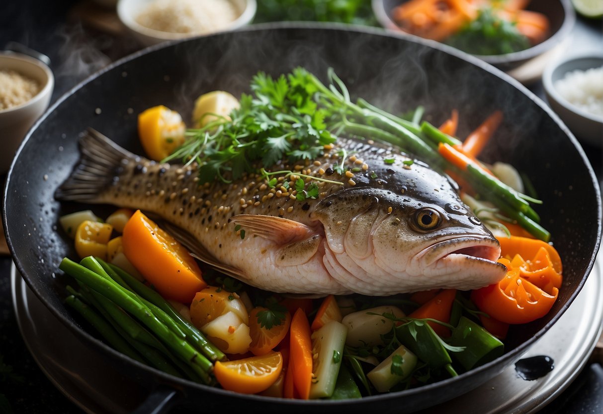 A whole grouper sizzling in a wok with ginger, scallions, and soy sauce, emitting steam, surrounded by colorful vegetables and herbs