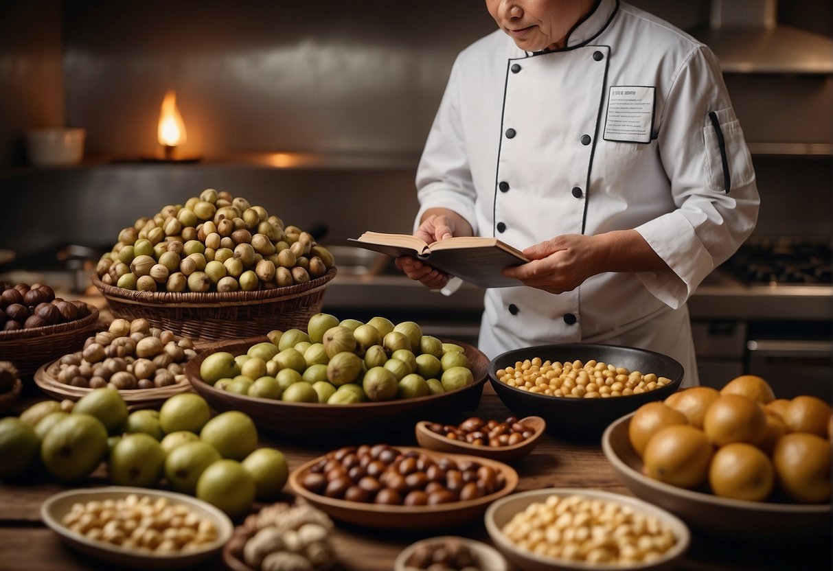 A chef surrounded by fresh Chinese chestnuts, cooking utensils, and a recipe book open to "Frequently Asked Questions Chinese chestnut recipes."