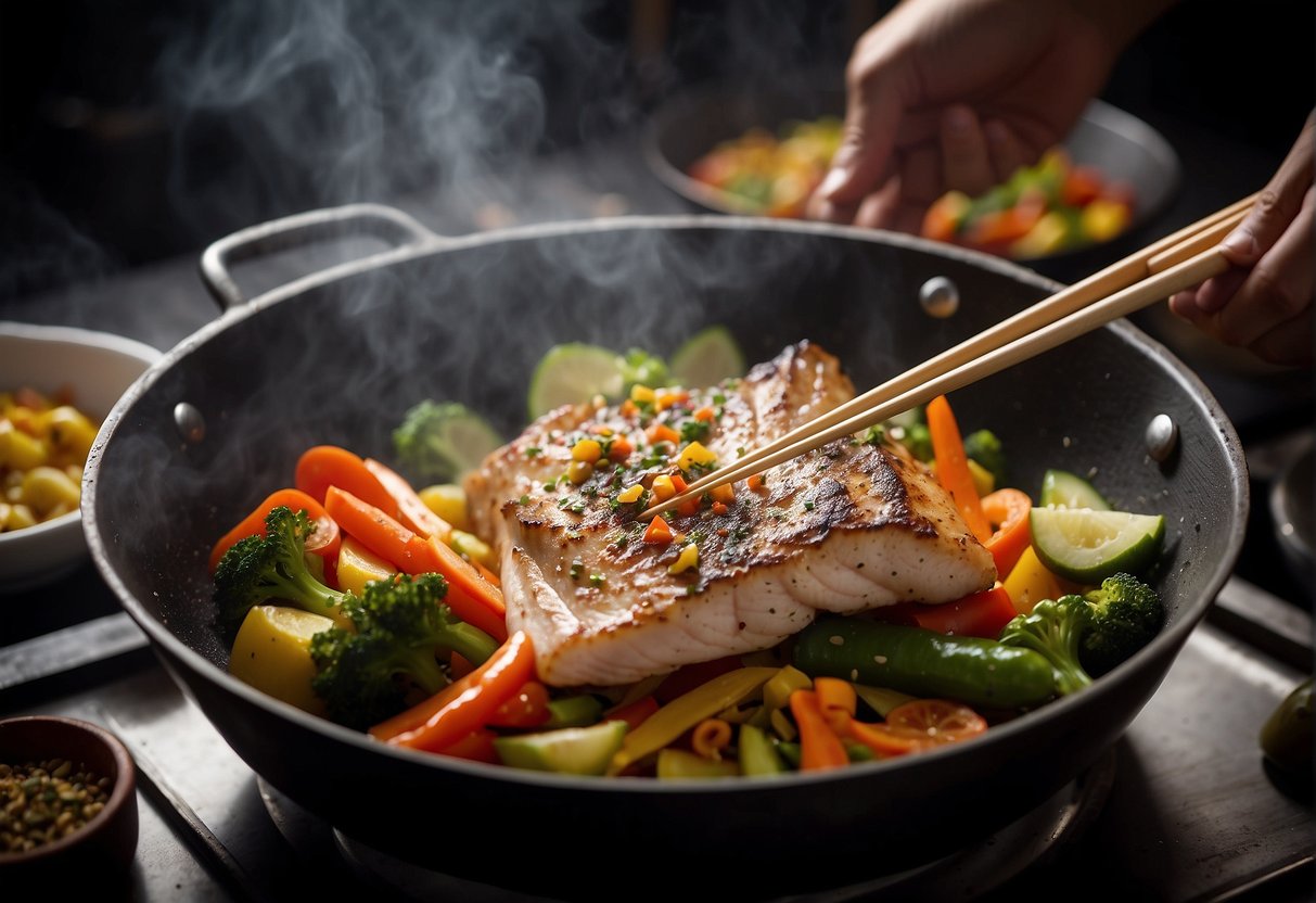 A grouper fillet sizzling in a hot wok, surrounded by colorful vegetables and aromatic spices, as a chef expertly uses a pair of chopsticks to flip and stir-fry the dish