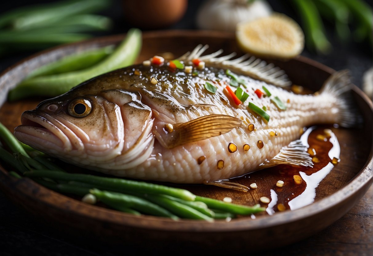 A whole grouper fish being marinated in a mixture of Chinese flavors, including soy sauce, ginger, garlic, and green onions, ready to be grilled or steamed