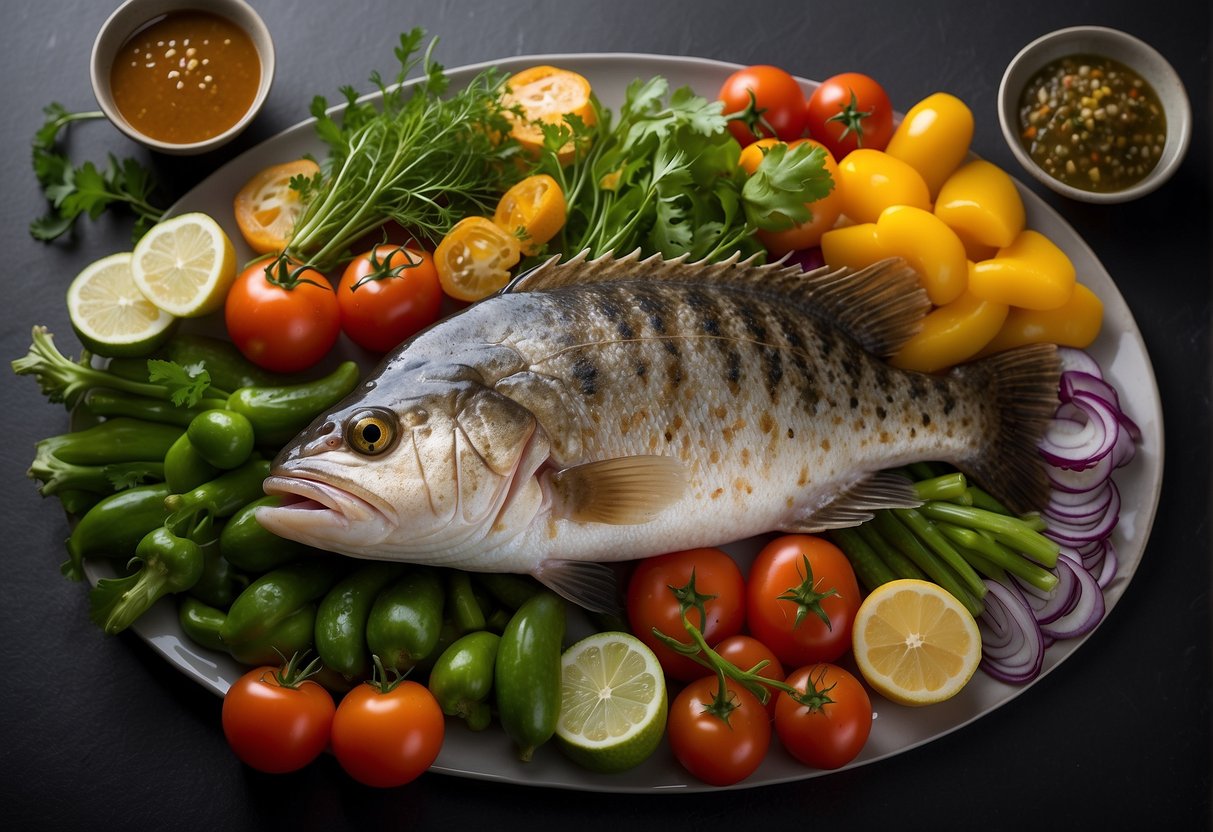 A whole grouper fish is elegantly arranged on a large platter, surrounded by vibrant vegetables and garnished with fresh herbs and colorful sauces