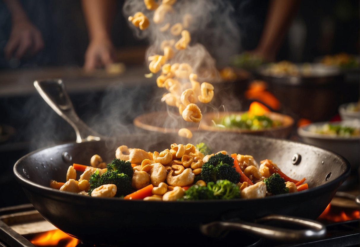 A sizzling wok tosses chicken, cashews, and vegetables in a fragrant sauce, filling the air with enticing aromas