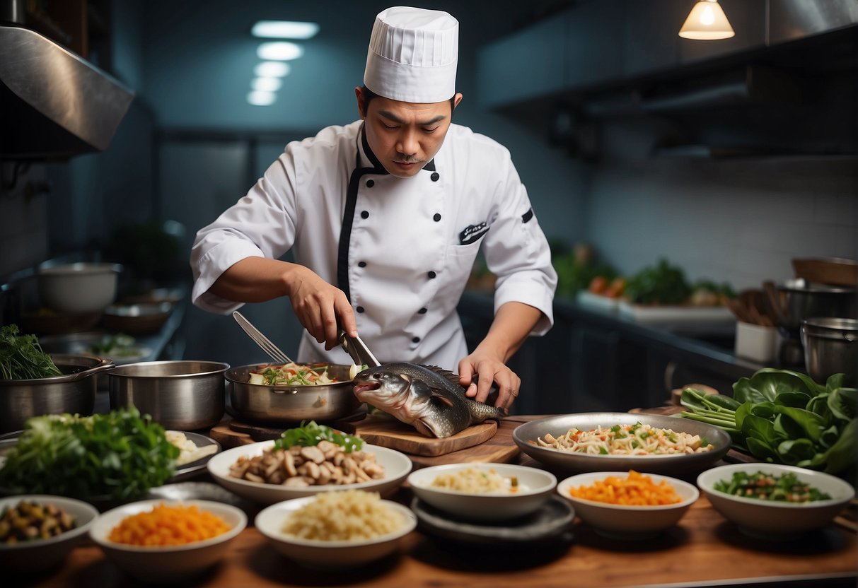 A chef prepares a traditional Chinese grouper dish while surrounded by a collection of frequently asked questions about the recipe