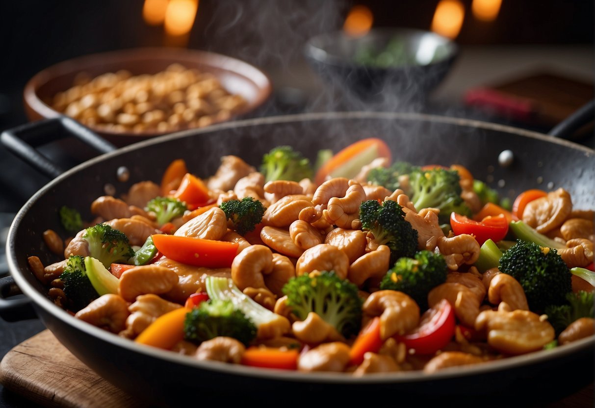 A sizzling wok filled with tender chunks of chicken, crunchy cashews, and colorful vegetables, enveloped in a savory and aromatic sauce