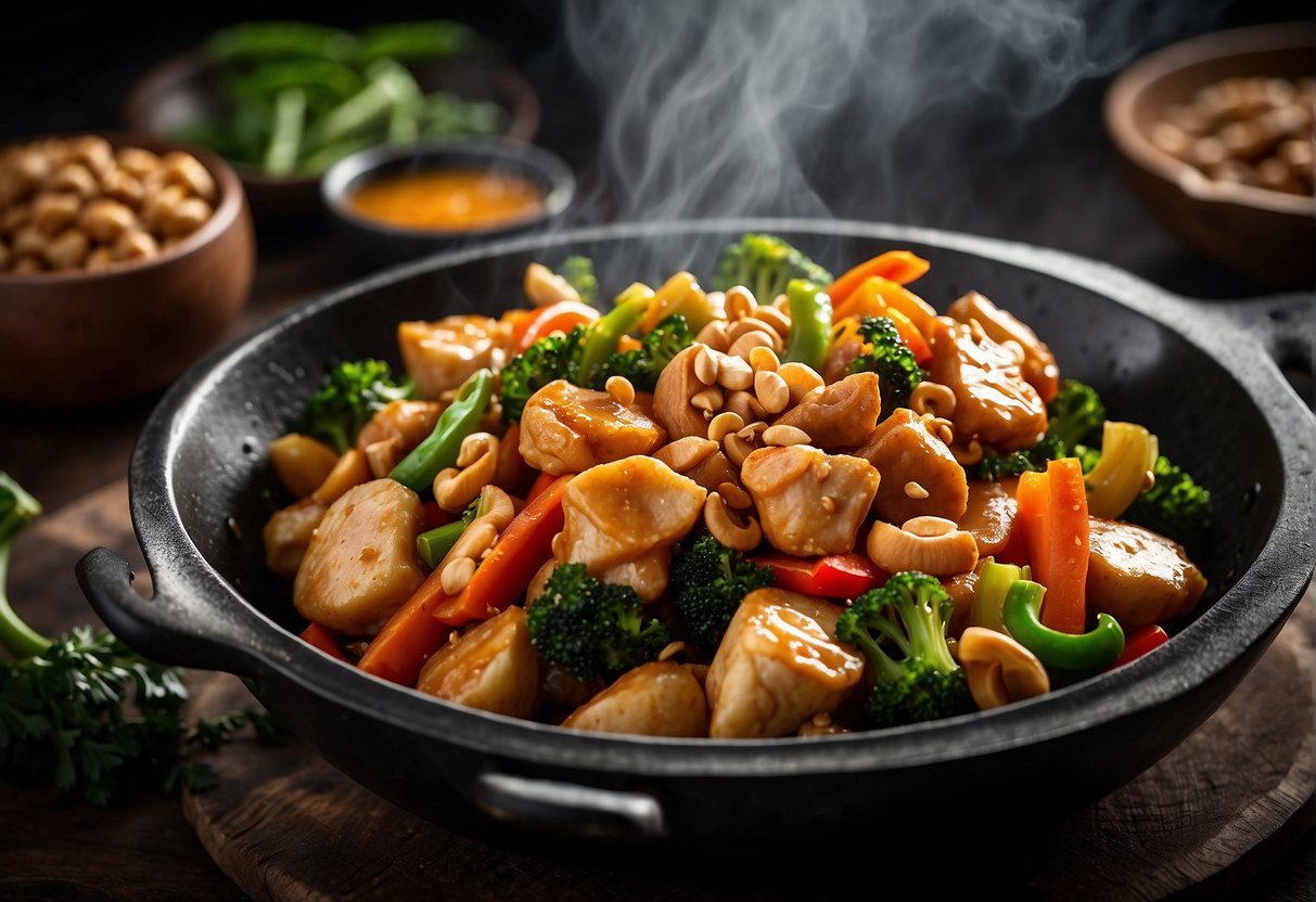 A wok sizzles with chicken, cashews, and colorful veggies in a fragrant stir-fry sauce. Bowls of soy sauce, ginger, and garlic sit nearby for the perfect finishing touch